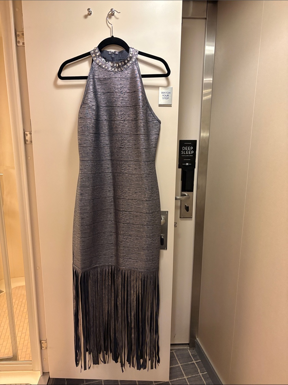 Boston Proper Halter Maxi Dress with Fringe in Metallic Gray